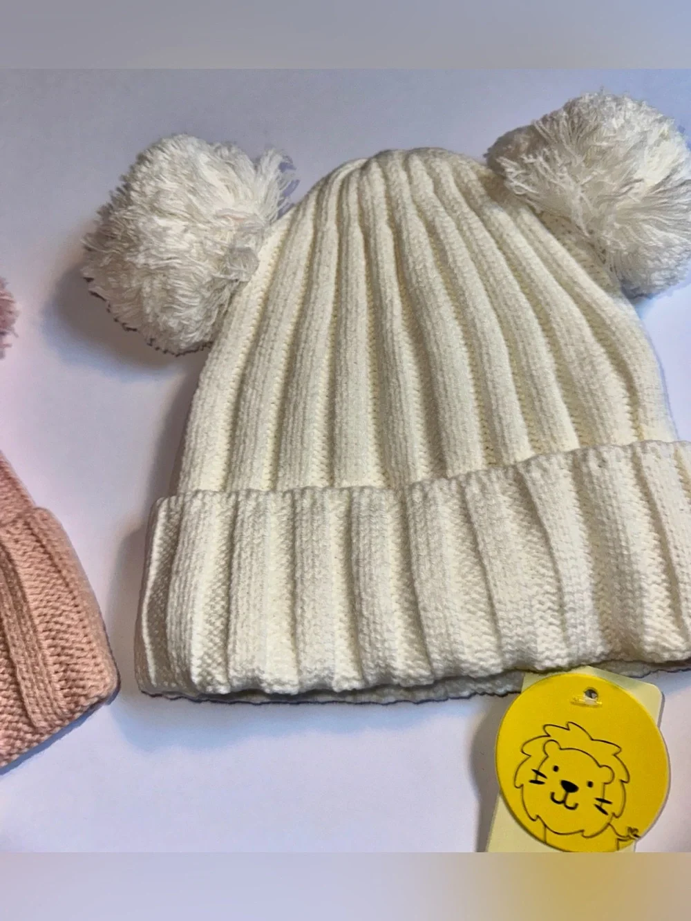 Double Pom Ribbed Knit Beanie for Kids - Pink & Cream